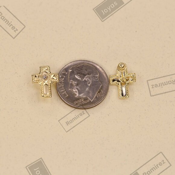 14K Yellow Gold Cross Earrings Religious Dangle Textured Design Fine Jewelry. - Picture 5 of 7